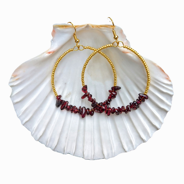 Garnet and Gold Plated beaded Hoops