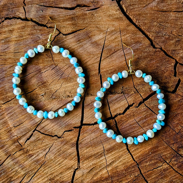 Turquoise and Pearl Hoops